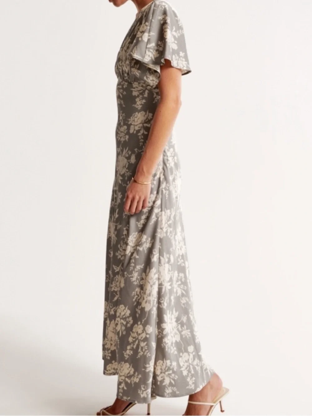 Abercrombie & Fitch Flutter Sleeve Satin Maxi Dress in Grey Floral Deep V Neck